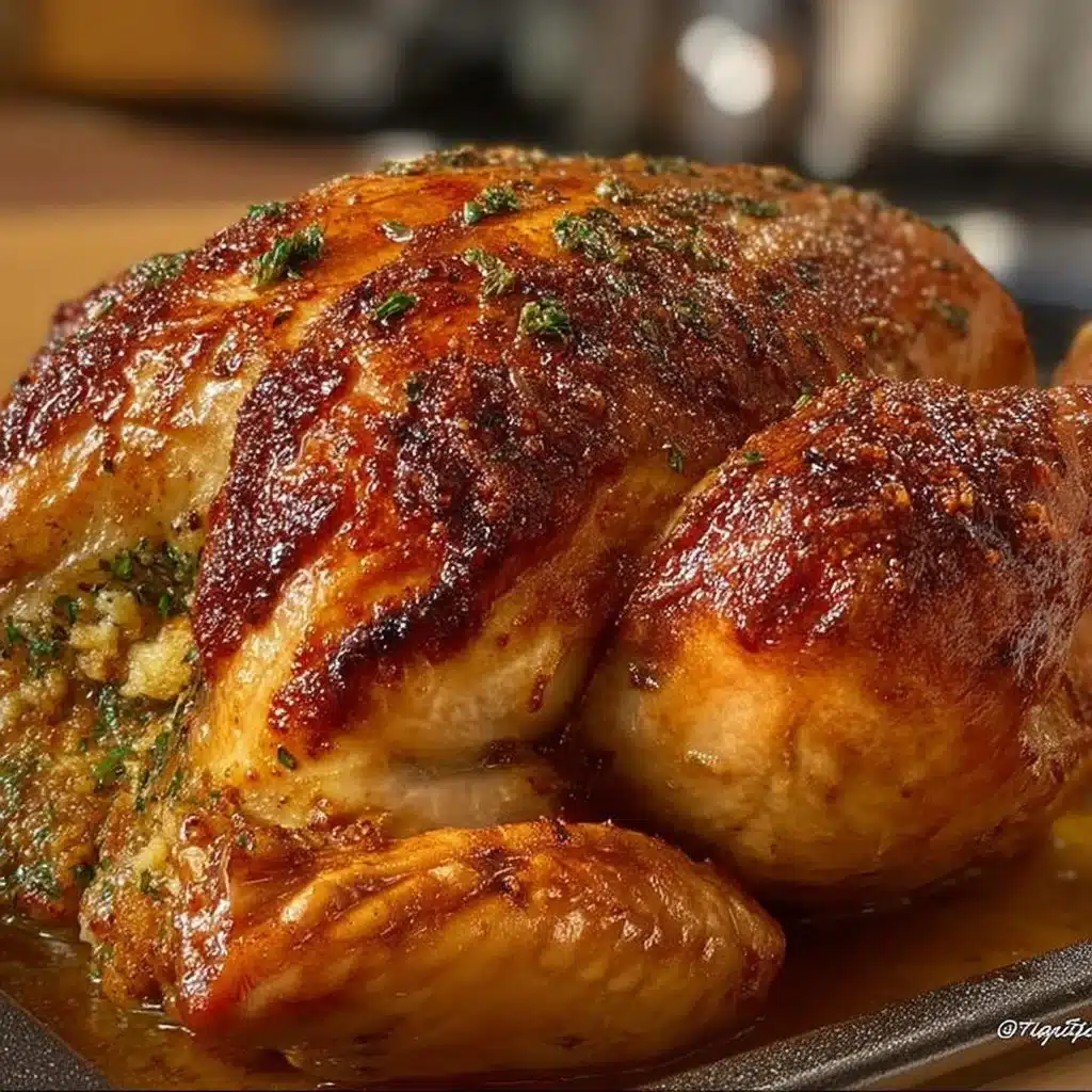 Oven Roasted Herb Butter Turkey garnished with herbs and spices on a platter