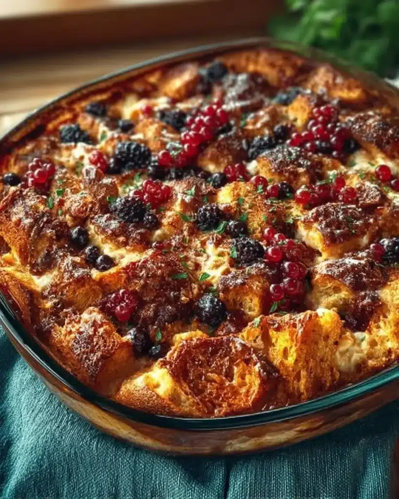 Delicious overnight breakfast casserole ready to serve for brunch.