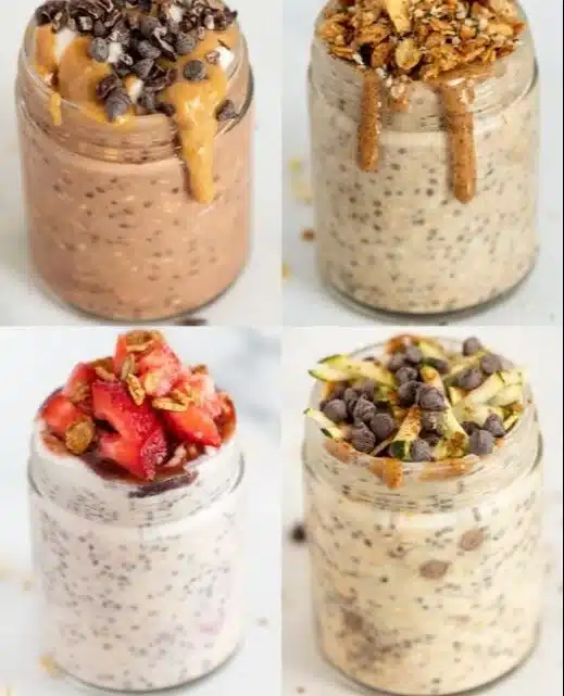 Bowl of colorful overnight oats topped with fruits and nuts for a healthy breakfast.