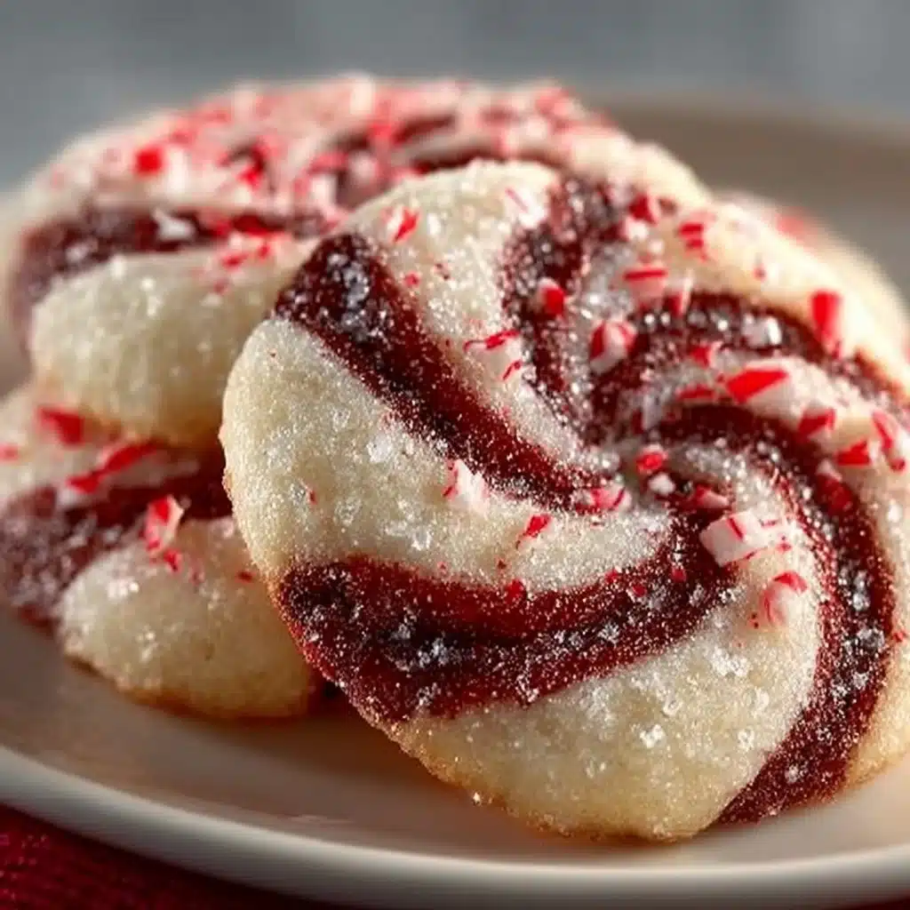 Homemade peppermint swirl cookies decorated with festive red and white swirls.