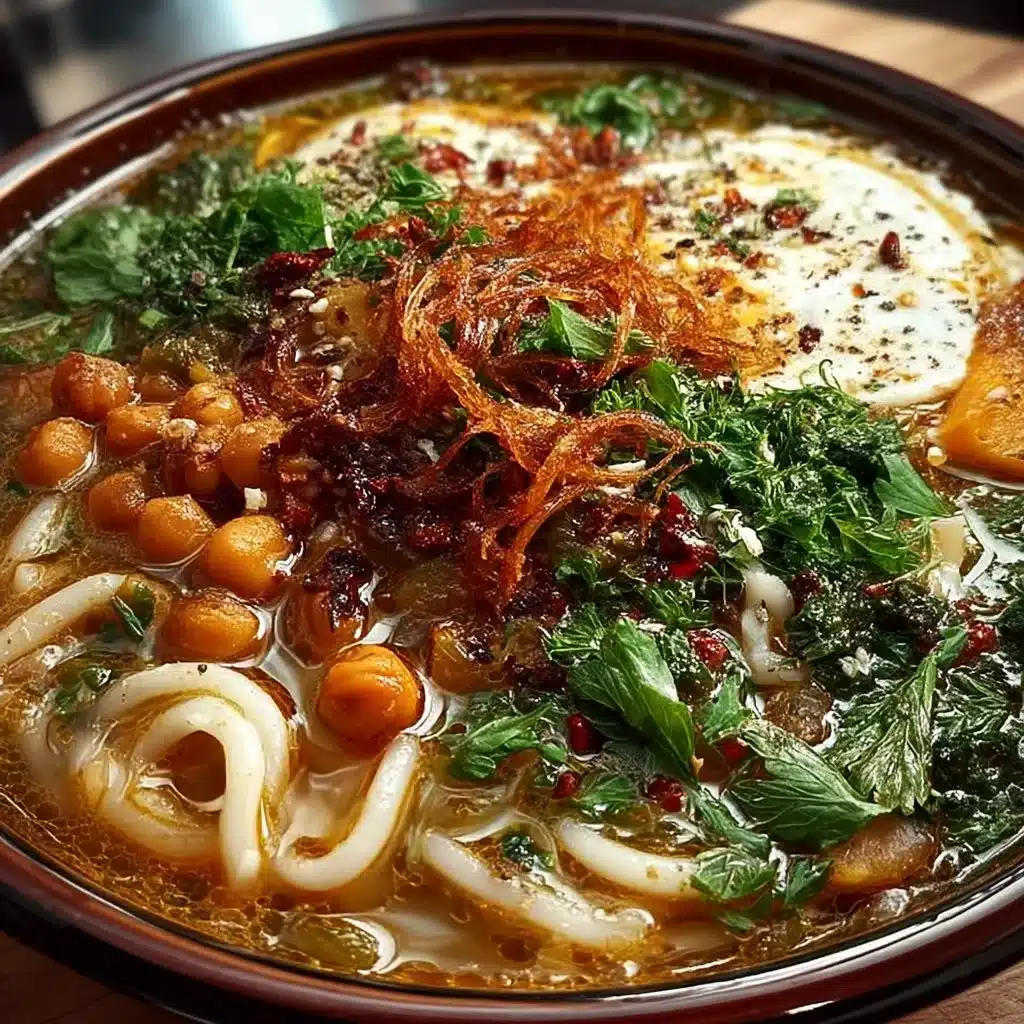 Bowl of traditional Persian noodle soup garnished with fresh herbs and spices.