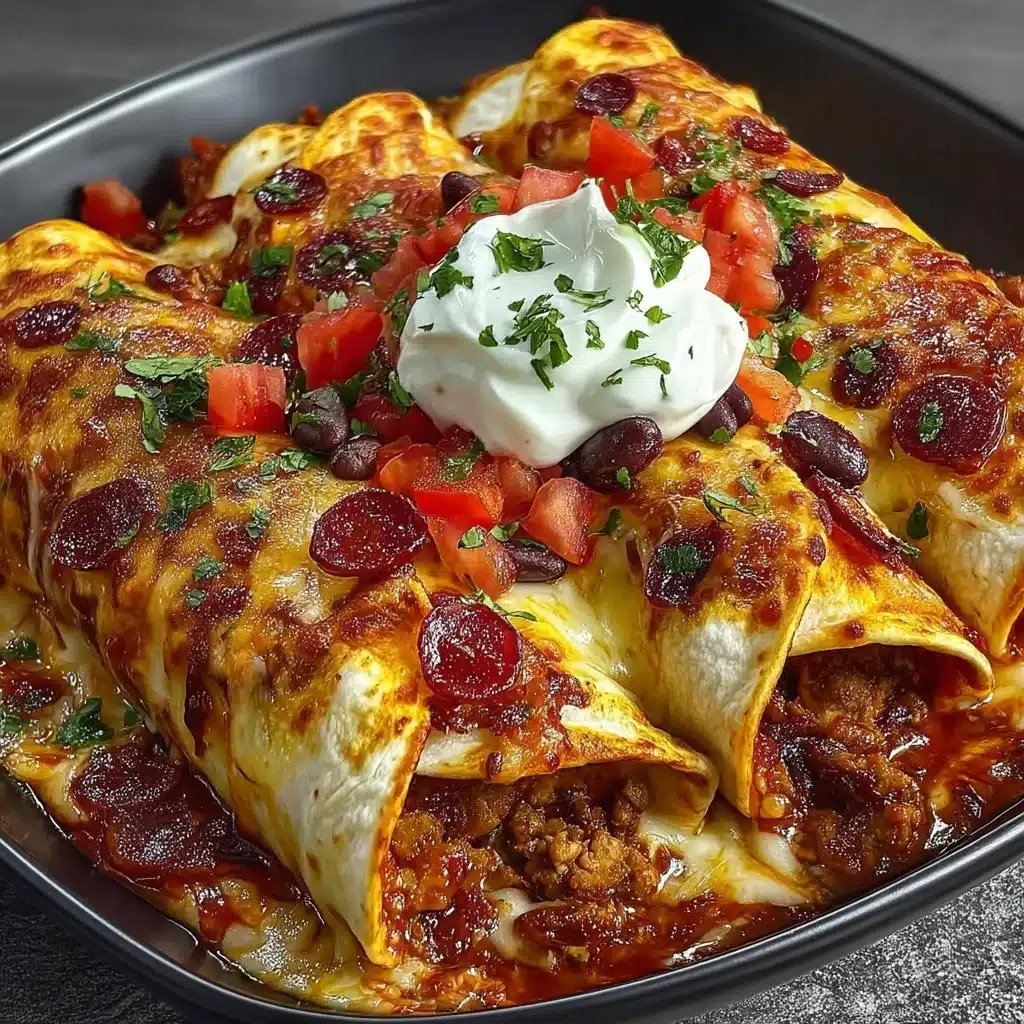 Delicious Pizza Enchiladas topped with cheese, peppers, and sauce.