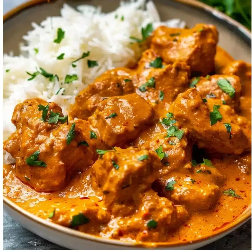 Delicious homemade butter chicken served with rice and naan bread
