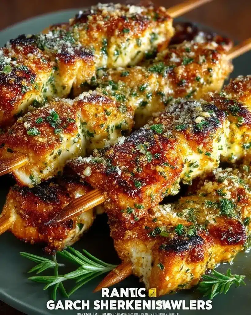 Ranch Garlic Parmesan Chicken Skewers ready to be grilled and served.
