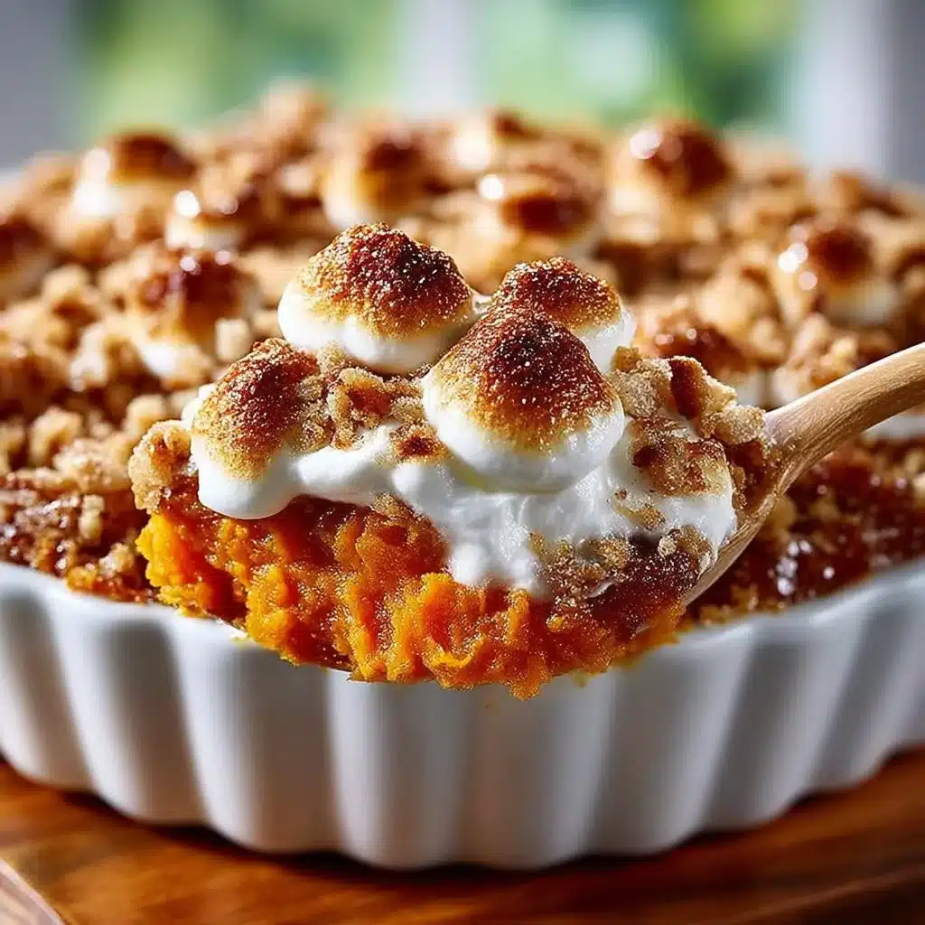 Delicious Southern sweet potato casserole topped with marshmallows and pecans