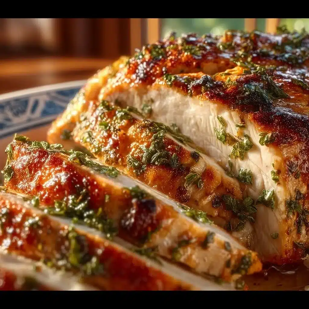 Juicy roasted turkey breast garnished with herbs and spices