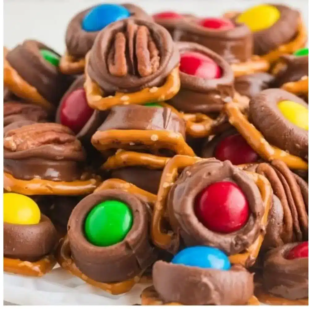 Delicious homemade Rolo Pretzel Bites drizzled with chocolate.