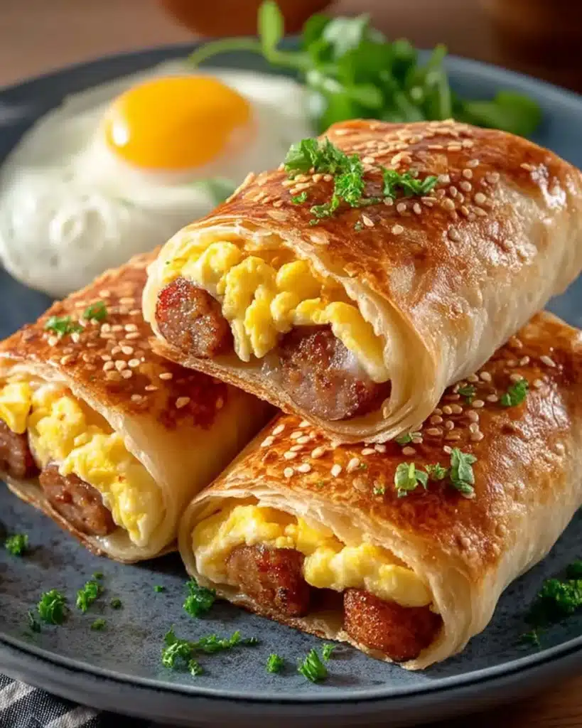 Sausage Egg Breakfast Roll-Ups served on a plate with vegetables