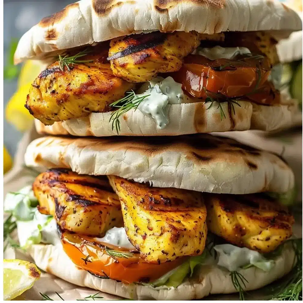 Sheet pan chicken pitas with herby ranch and fresh veggies on a plate