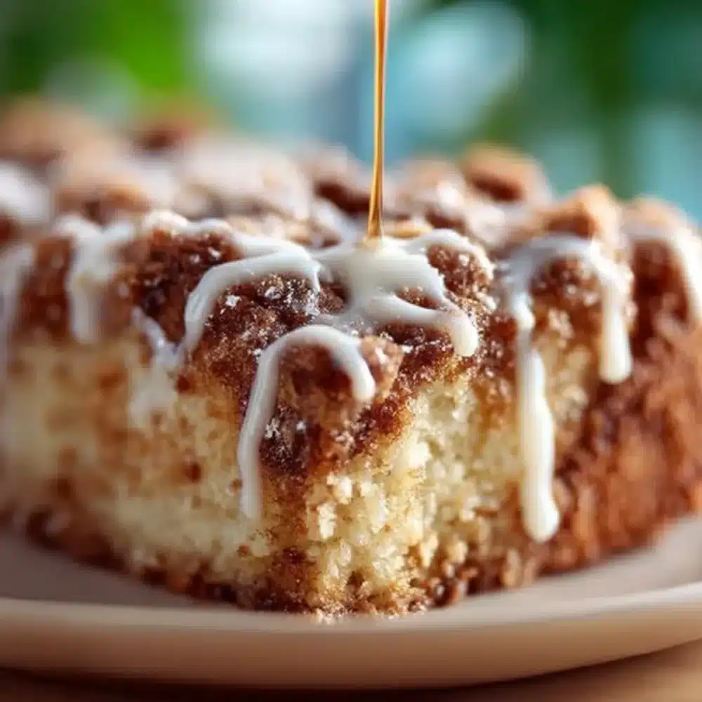 A slice of simple coffee cake on a plate, ready to be enjoyed with coffee.
