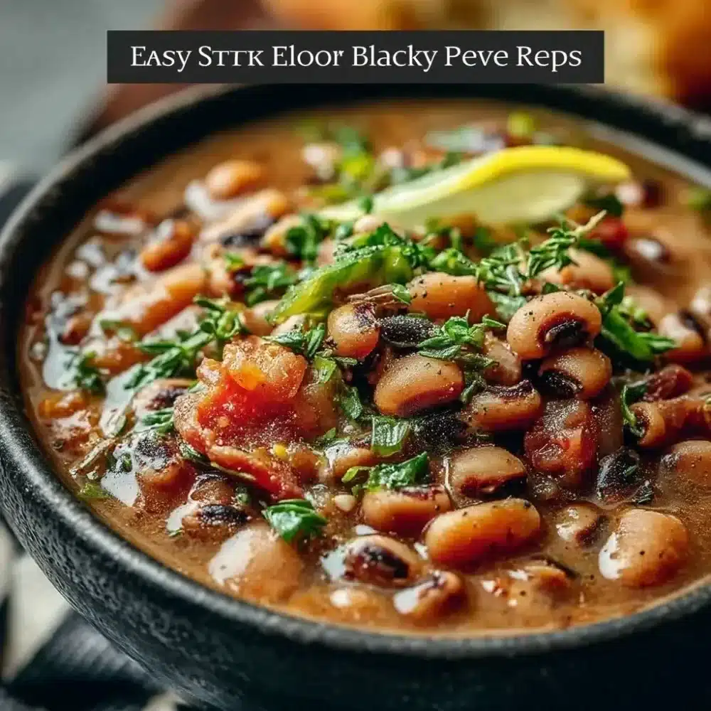 Bowl of slow cooked black eyed peas garnished with herbs and spices