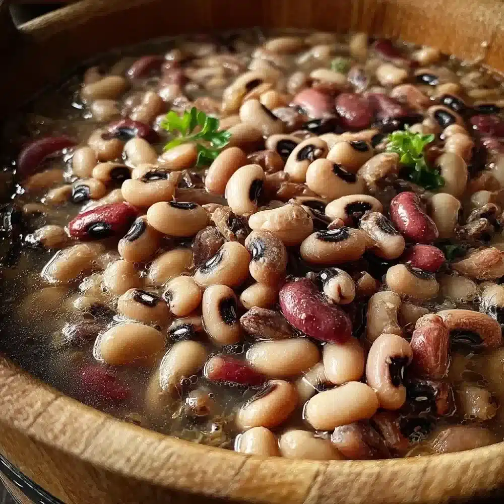 Slow cooker black-eyed peas recipe with herbs and spices in a bowl