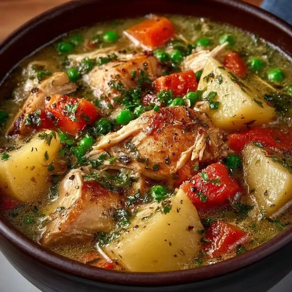 Delicious slow cooker chicken stew in a bowl with vegetables and herbs