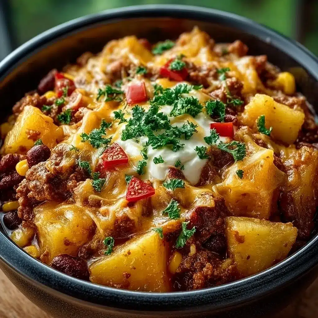 A hearty serving of slow cooker cowboy casserole with beans, corn, and ground beef.