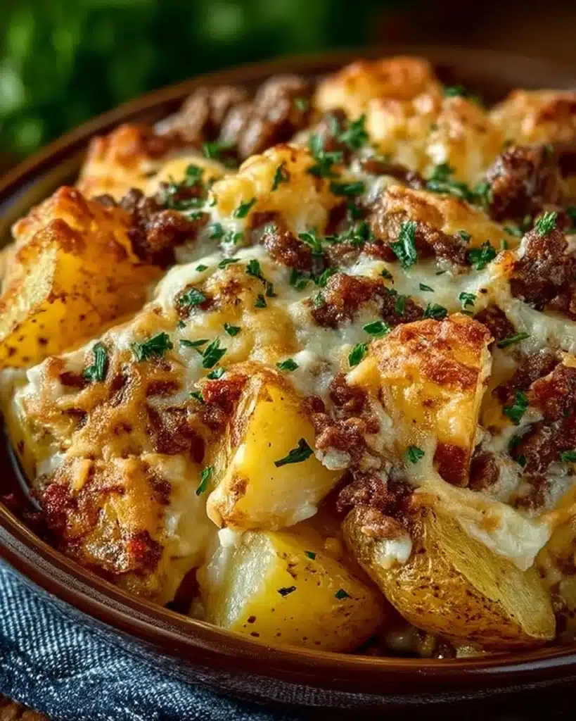 Delicious Slow Cooker Cowboy Potato Casserole topped with cheese and herbs.