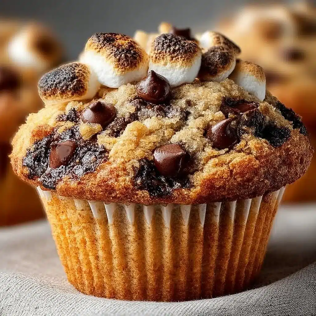 Delicious S'mores chocolate chip muffins topped with marshmallows and graham cracker crumbs