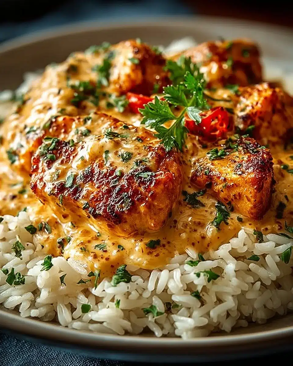 Plate of Smothered Chicken and Rice garnished with herbs