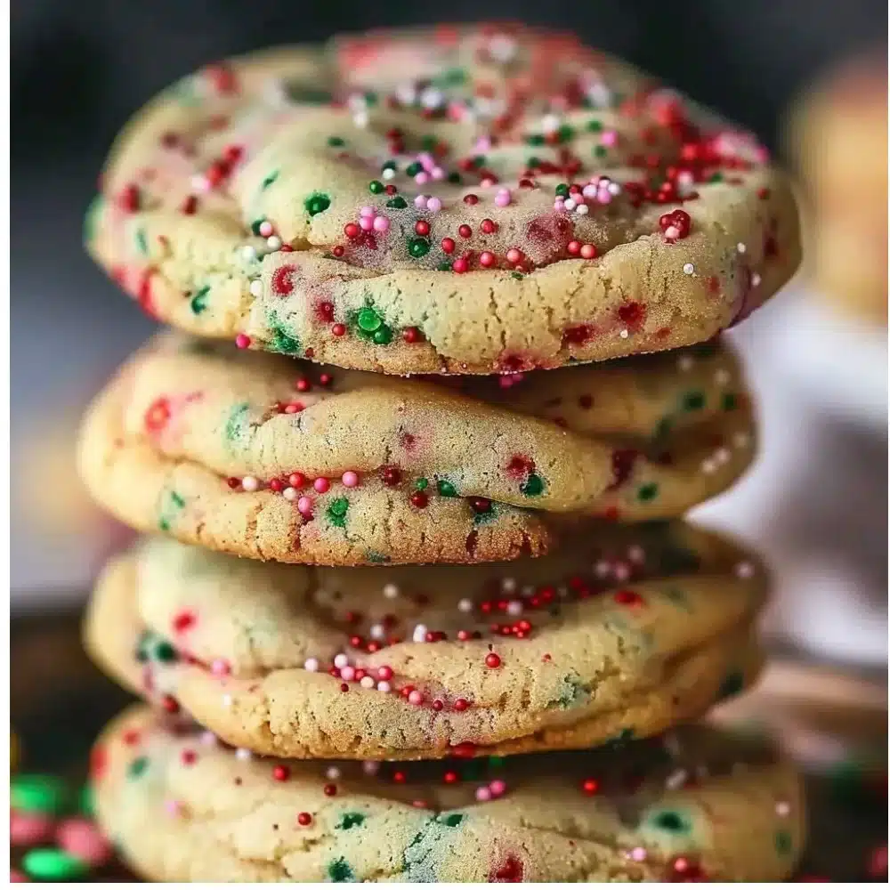 Soft Christmas sprinkle cookies decorated with colorful sprinkles on a festive plate.
