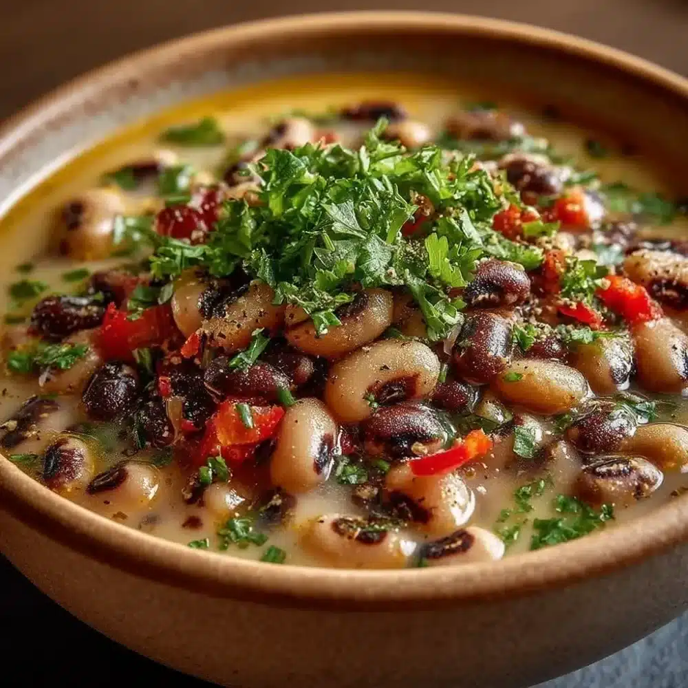 Southern style black eyed peas cooked with spices and served in a bowl.