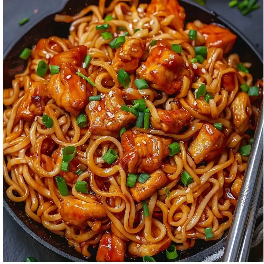 Delicious sticky garlic chicken noodles served in a bowl.