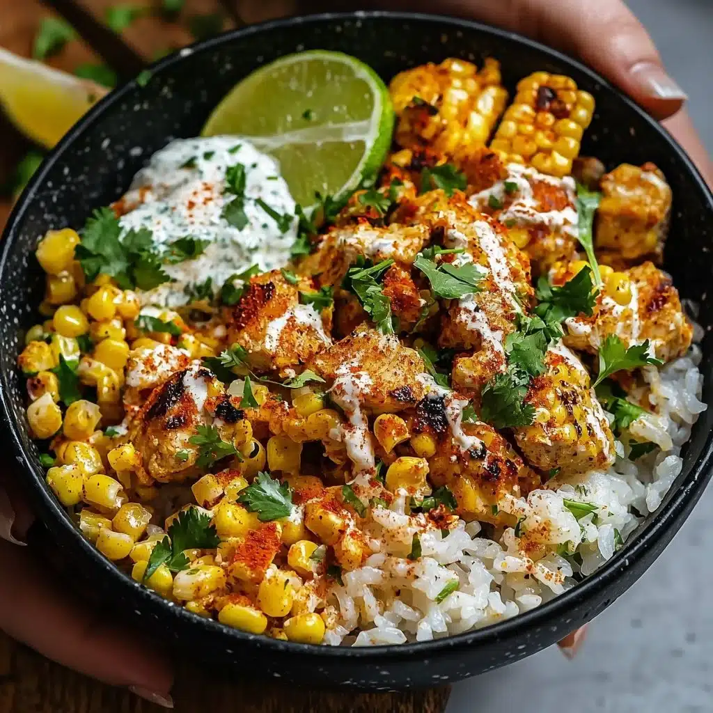 Delicious Street Corn Chicken and Rice Bowl topped with fresh cilantro and lime.