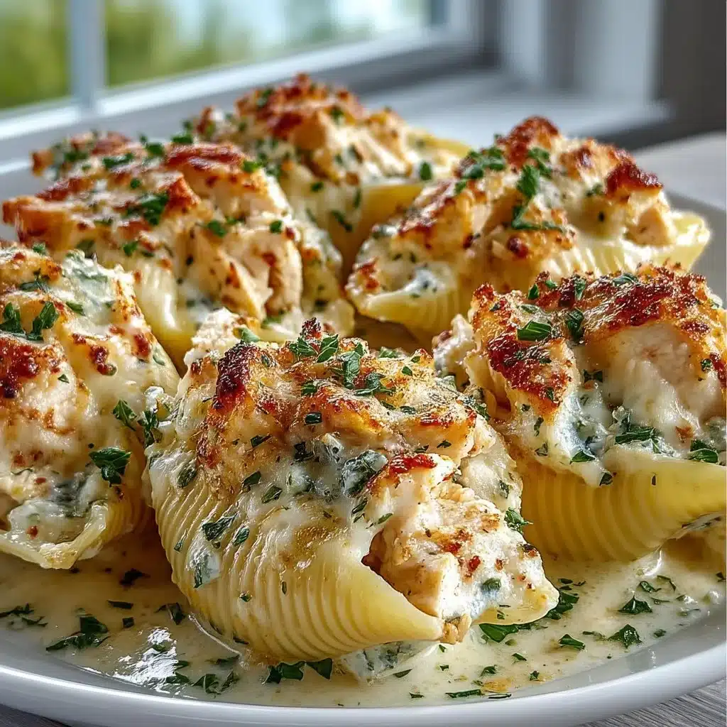 Delicious stuffed shells filled with chicken and garlic butter, ready to serve.