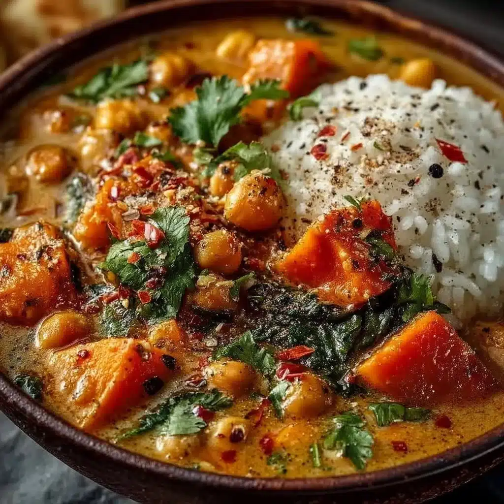 Bowl of sweet potato and chickpea curry garnished with fresh herbs