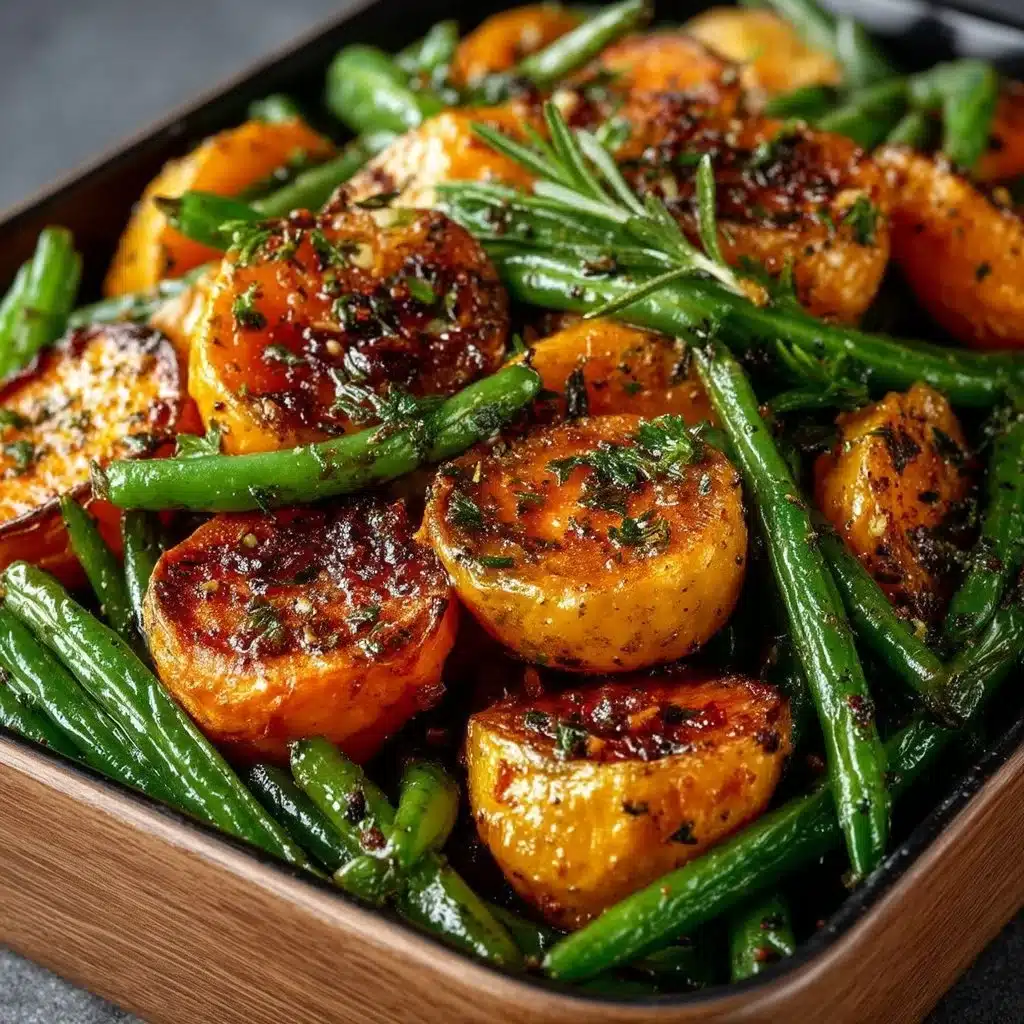 Delicious sweet potato and green bean tray bake in a baking dish