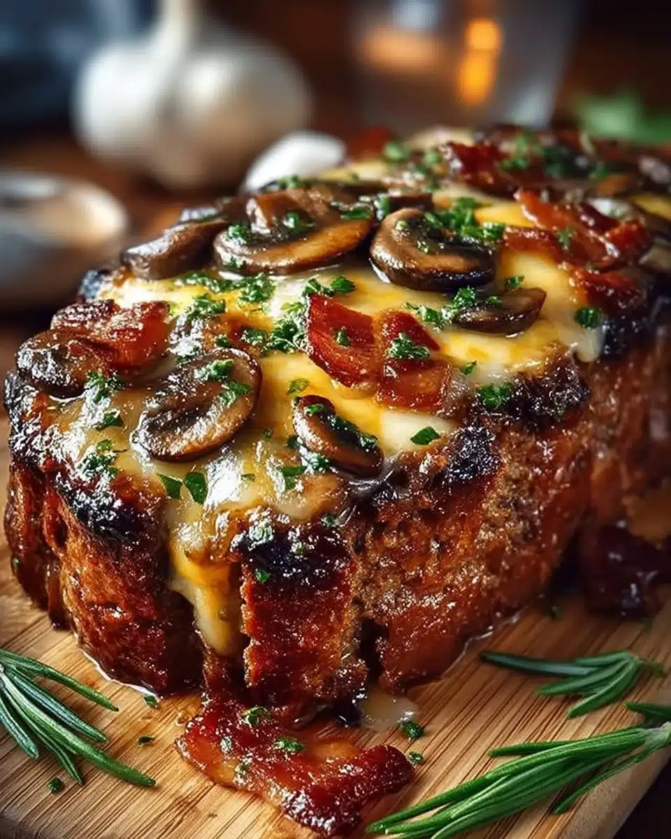 Delicious Swiss bacon mushroom meatloaf served on a plate