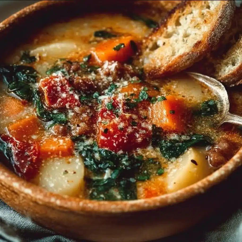 A bowl of Tuscany Soup garnished with fresh herbs and vegetables.