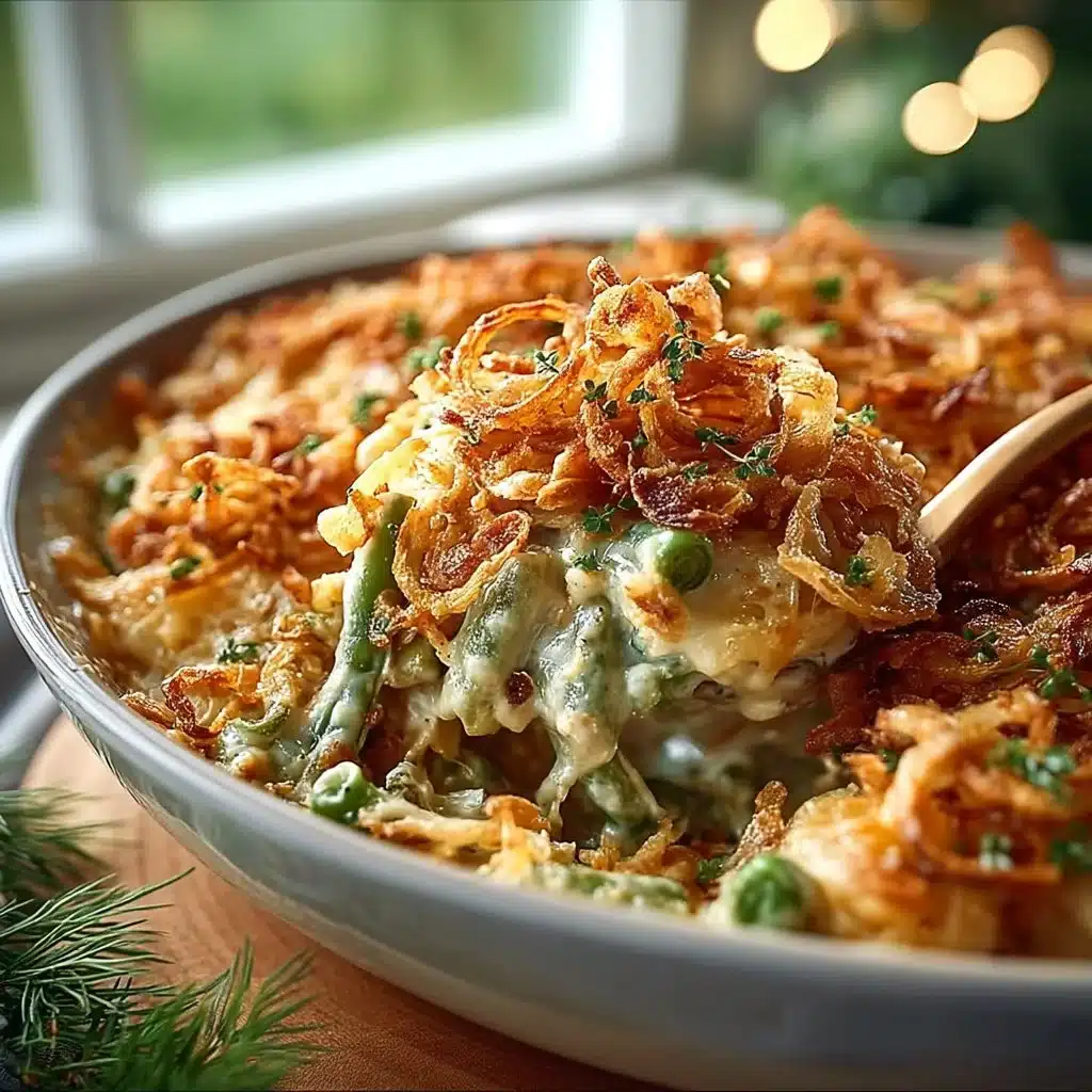 Delicious green bean casserole served in a dish, ideal for family gatherings.