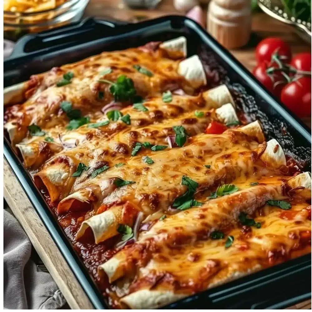Plate of quick and easy chicken enchiladas topped with cheese and cilantro