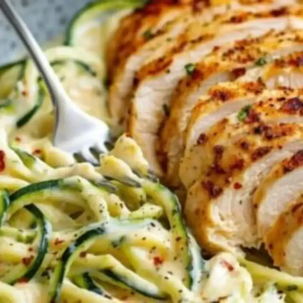 Zucchini Noodle Chicken Alfredo dish garnished with parsley
