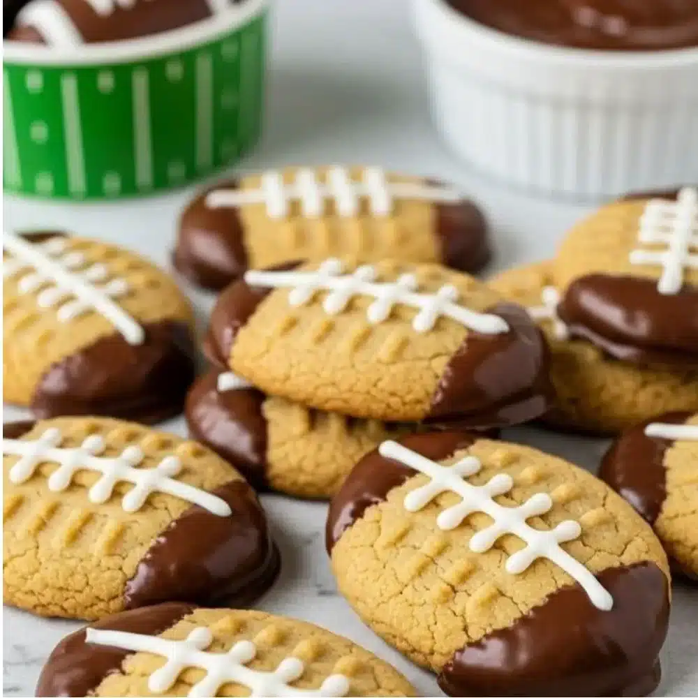 A variety of football-themed snacks displayed on a game day table.