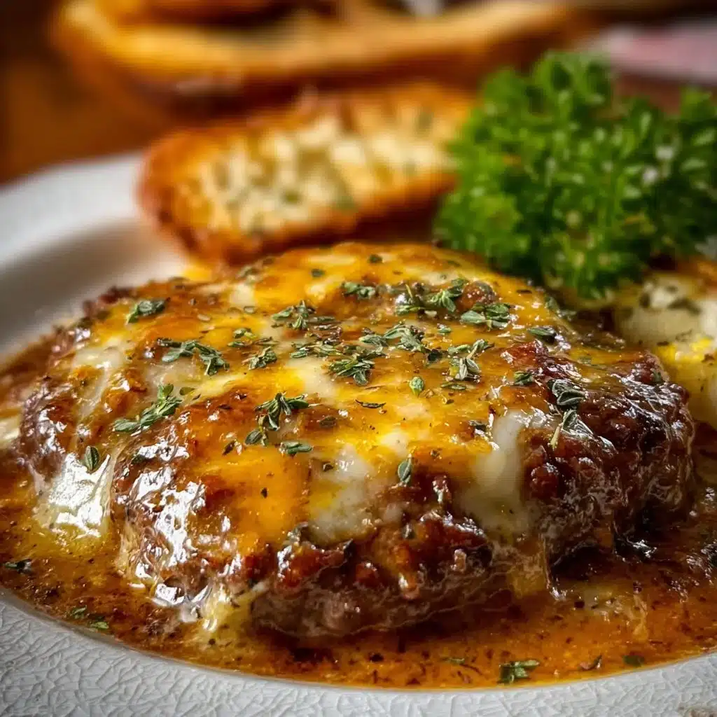 Amish Hamburger Steak Bake served with vegetables and gravy