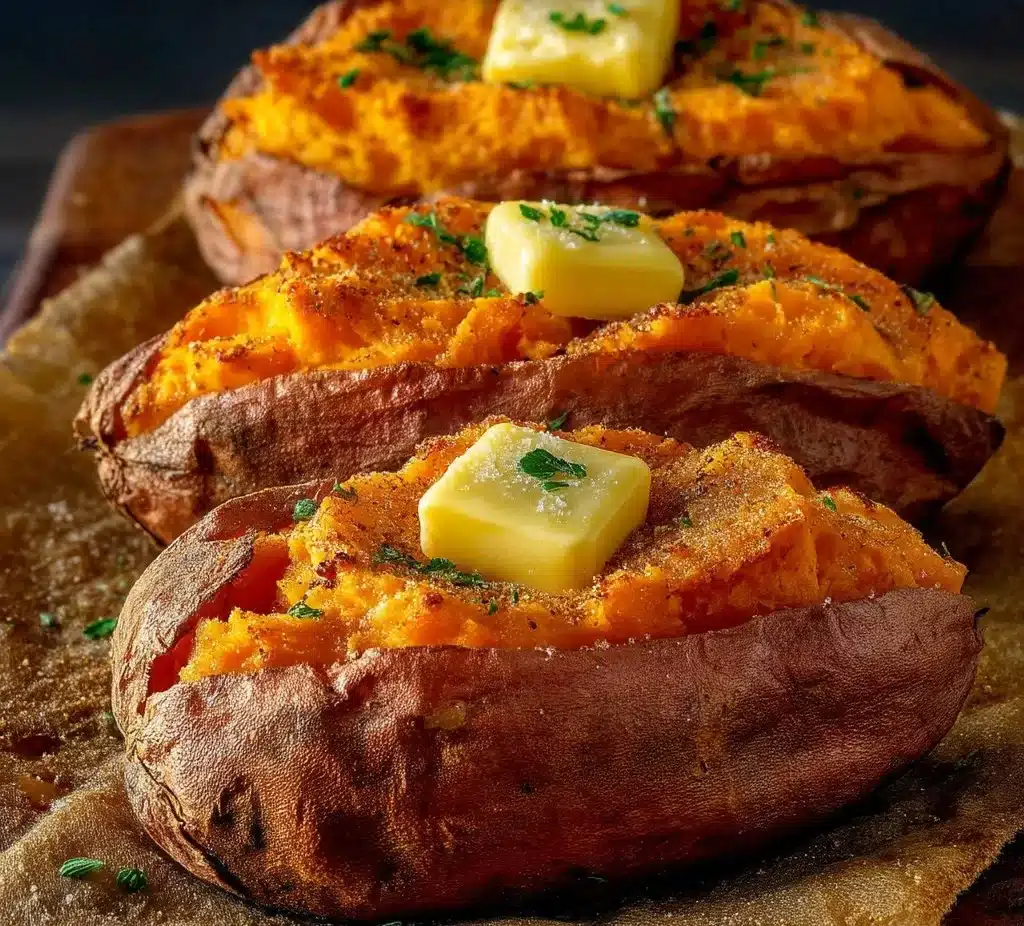 Baked sweet potatoes garnished with herbs and served on a plate