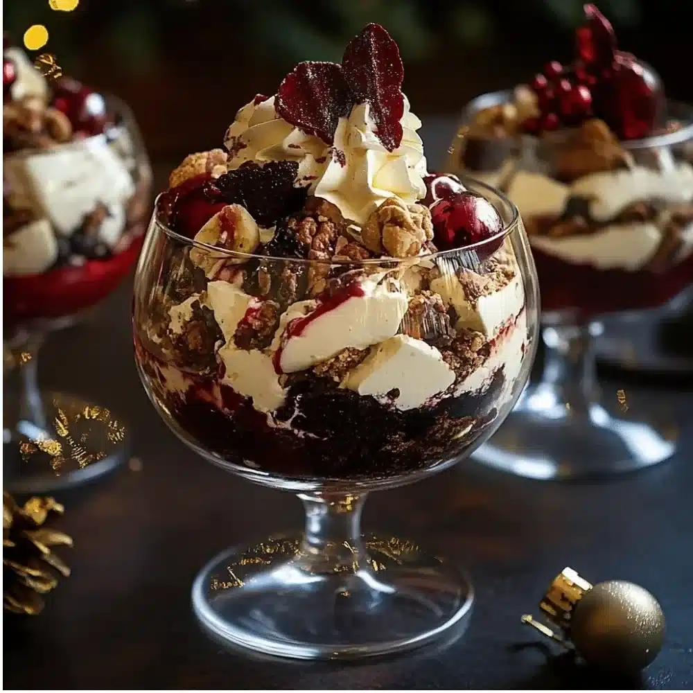 Delicious Black Forest Trifle dessert with chocolate and cherries for Christmas