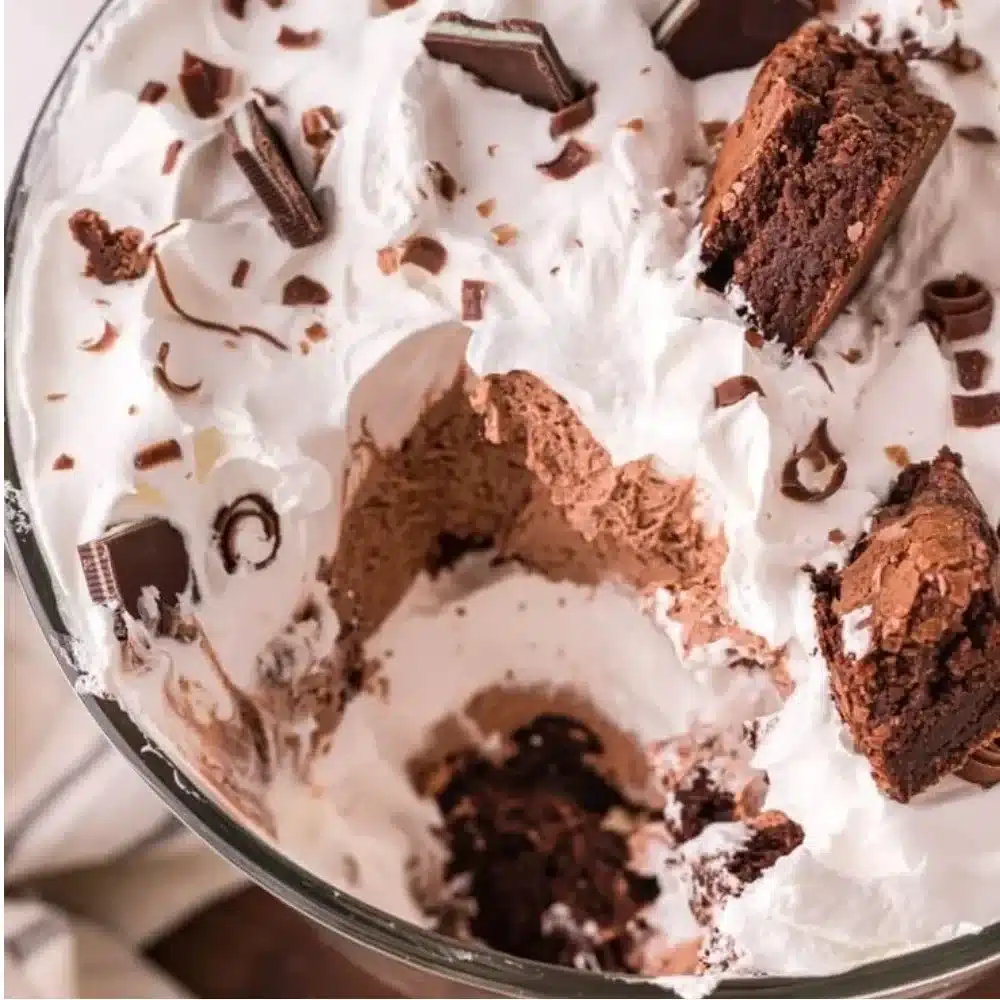 Delicious Brownie Trifle with layers of brownies and cream