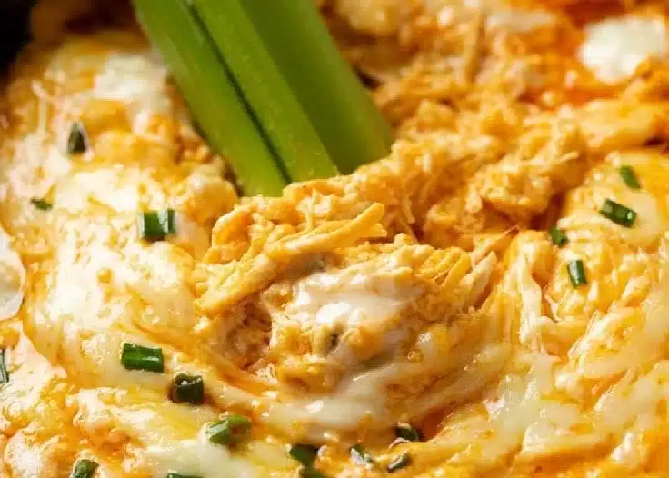 Delicious Buffalo Chicken Dip served in a bowl with tortilla chips on the side.