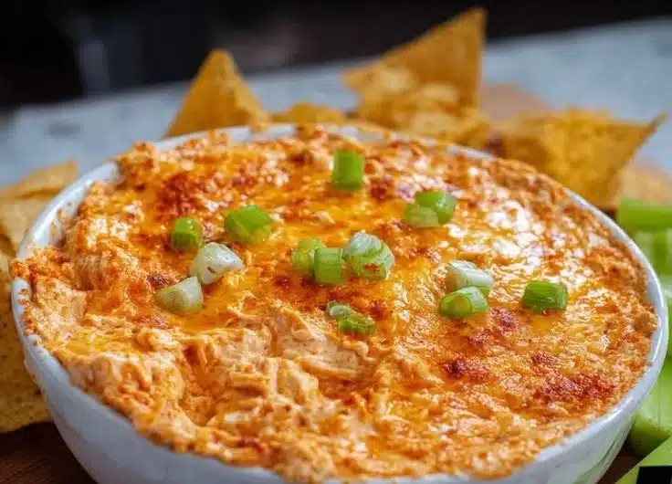 Delicious Buffalo Chicken Dip served in a bowl with chips