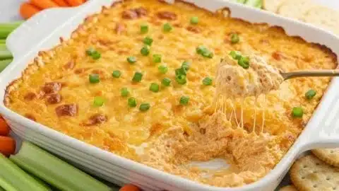 Buffalo Chicken Dip made with canned chicken, served in a bowl with tortilla chips