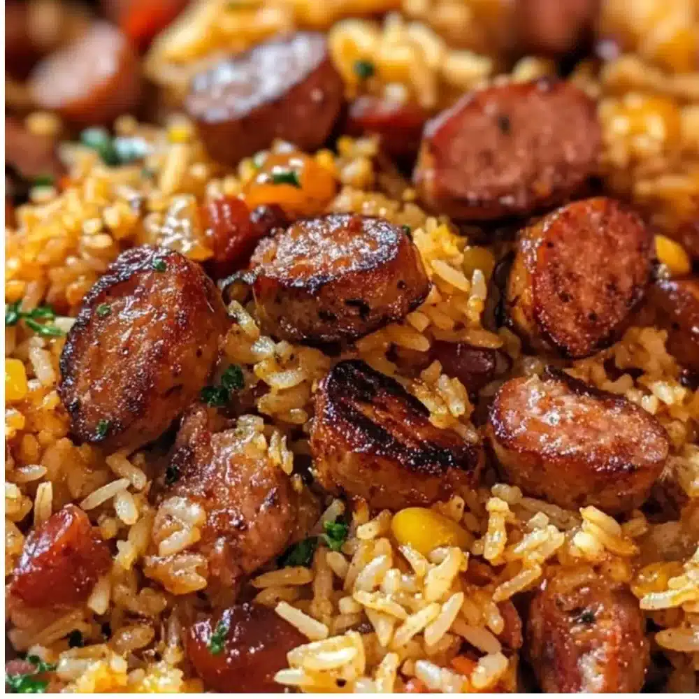 Cajun Sausage and Rice Skillet served in a cast-iron pan with vibrant spices.