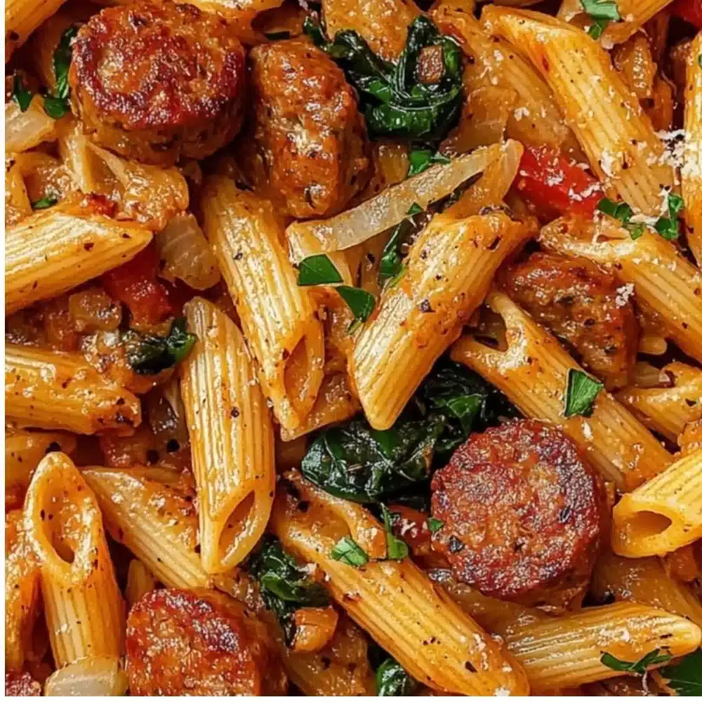 Delicious Cajun Sausage Pasta served in a bowl with spices and herbs