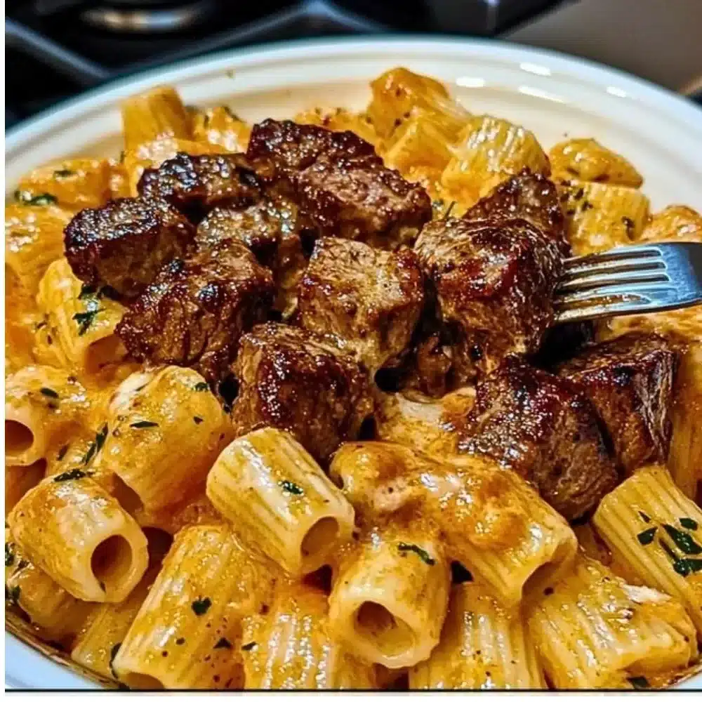 Cajun Steak Tips served with cheesy rigatoni on a plate garnished with herbs.