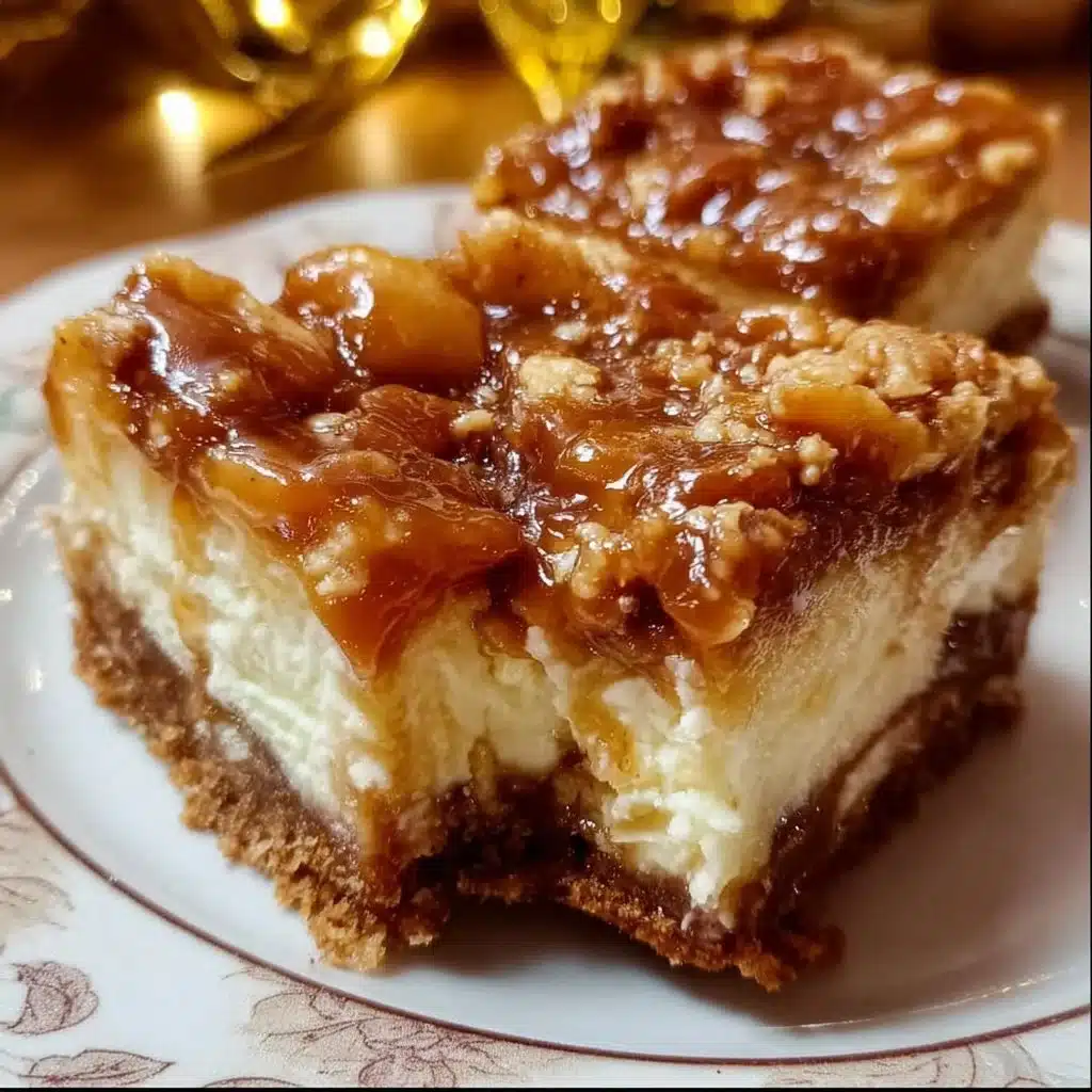 Delicious Caramel Apple Cheesecake Bars with caramel drizzle and apple slices