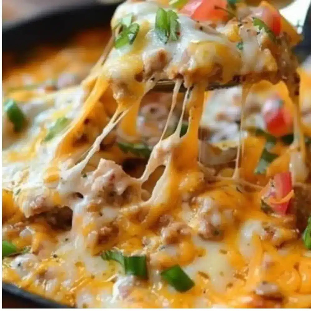Delicious cheesy bean dip served in a bowl with tortilla chips