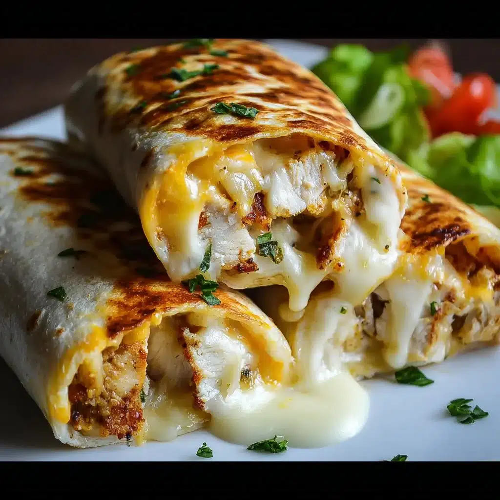 Cheesy garlic chicken wraps filled with tender chicken and melted cheese