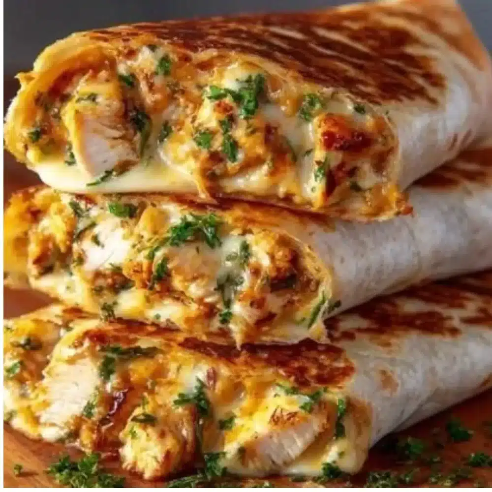 Cheesy garlic chicken wraps garnished with fresh herbs