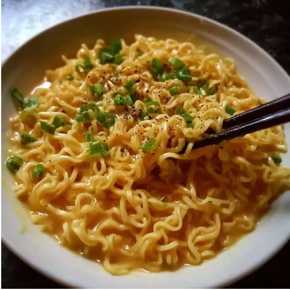 Delicious cheesy ramen noodles dish topped with melted cheese