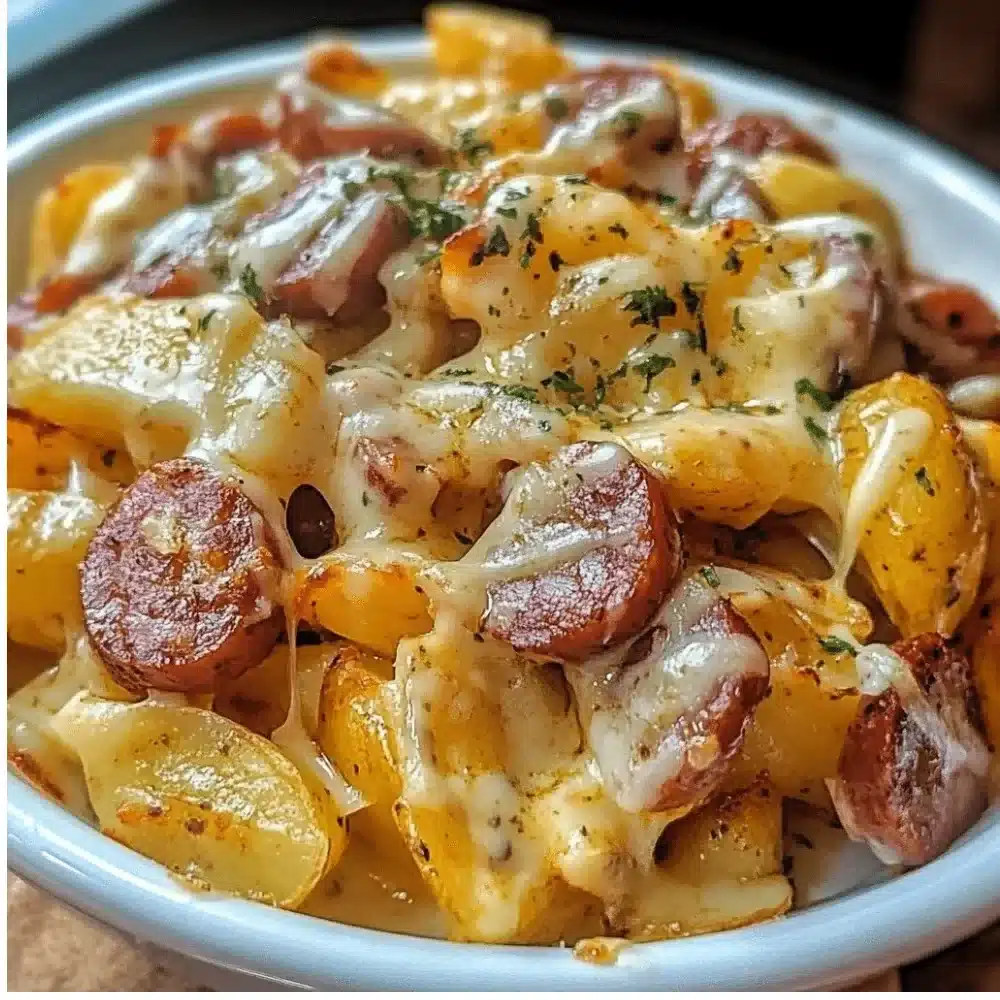 Cheesy Ranch Potatoes with Smoked Sausage served in a bowl